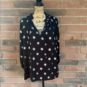 Harve Benard Black Blouse with Silver Floral Rose Design Size XL